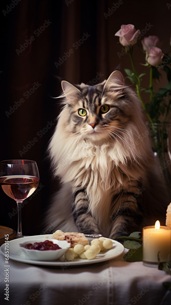Beautiful maine coon cat sitting at the table with wine and cookies Beautiful maine coon cat sitting at the table with wine and cookies