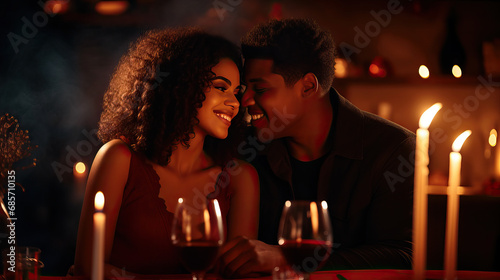 A young African American couple hugging, having a romantic dinner, celebrating Valentine’s Day, drinking wine in restaurant or at home, smiling man and woman in love, anniversary evening