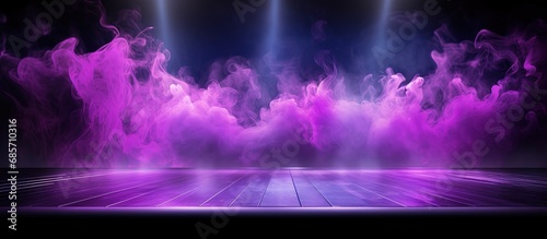Dark stage with purple background empty scene neon light spotlights Asphalt floor and studio room display products with floating smoke for illustration Copy space image Place for adding text or photo