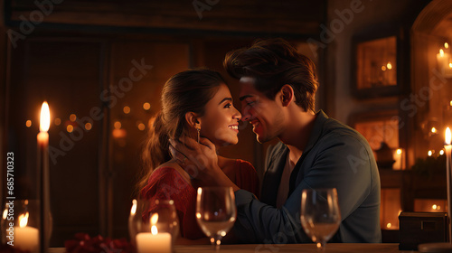 A happy couple hugging and kissing at dinner table, celebrating Valentine’s day, having a romantic date with candles in restaurant, smiling man and woman in love, anniversary evening at home photo