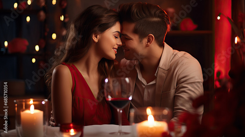 A young couple hugging and kissing at dinner table  celebrating Valentine   s day  having a romantic date with candles in restaurant or at home  smiling man and woman in love  anniversary evening