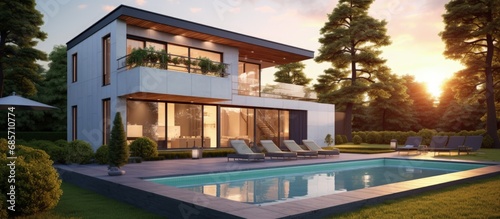 Contemporary two storey country home with pool and stunning garden Sunset ambiance Text space available Copy space image Place for adding text or design