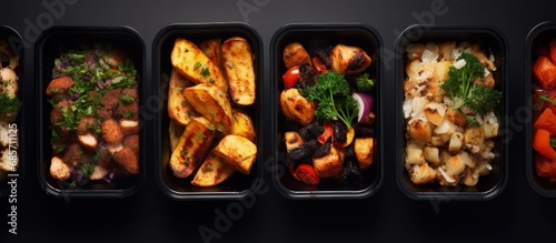 Bird s eye view of nutritious coal cooked takeaway dishes Copy space image Place for adding text or design © HN Works