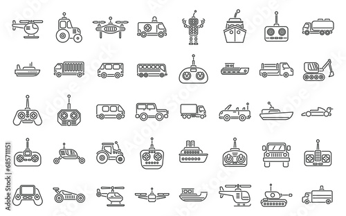 Radio control toys icons set outline vector. Rc toy model. Remote control play