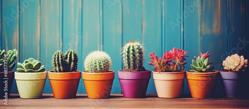 Cactus and succulents in small flowerpots in a rustic interior with a retro filter effect Copy space image Place for adding text or design photo