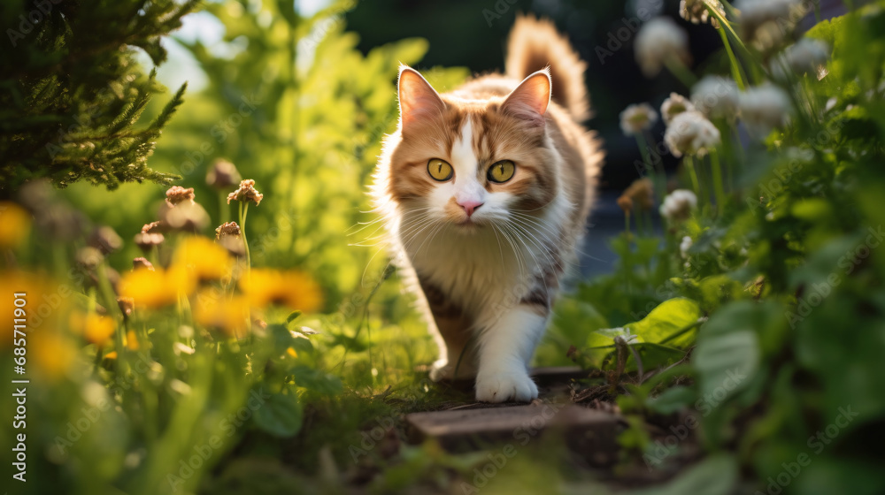 Cute cat walking in the grass in the garden on sunny summer day