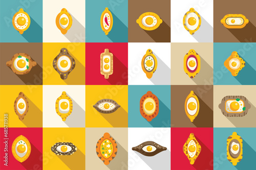 Khachapuri icons set flat vector. Food bakery pie. Georgian menu bread