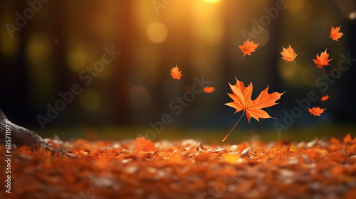 Enchanting Autumn Woods: Realistic Falling Maple Leaves in a Colorful Forest