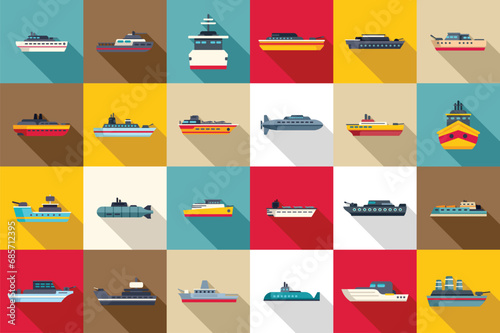 Warship icons set flat vector. Aircraft carrier. Military war boat