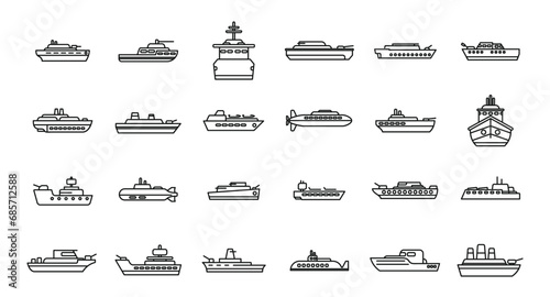 Warship icons set outline vector. Aircraft carrier. Military war boat