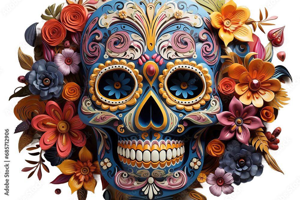 A colourful Traditional Calavera, sugar skull decorated with flowers for Day of the dead isolated on Transparent background. Generative AI
