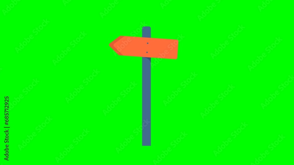 Direction sign post with red arrow isolated on green screen. Alpha channel. Choice signpost to choose road or street, blank signboard pointer with wooden pole template. Sign board. 2d flat animation Direction sign post with red arrow isolated on green screen. Alpha channel. Choice signpost to choose road or street, blank signboard pointer with wooden pole template. Sign board. 2d flat animation