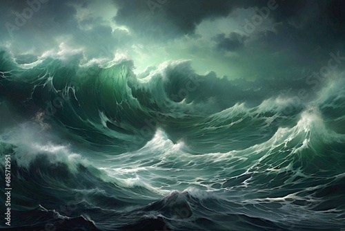 Emerald Waves Clash under Stormy Skies. Highlighting Shades of Teal Sea Water. Perfect for Themes of Nature Fury and Oceanic Power. AI Generated