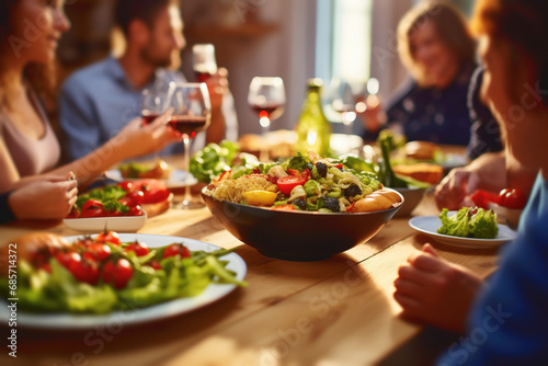 A group of middle-aged friends around a table enjoying a healthy dinner together at home.