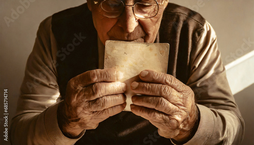 A nostalgic old man reminiscing while looking an old photograph.Extreme closeup of a wrinkled hand of elderly man holding a cherished memory of the past. photo