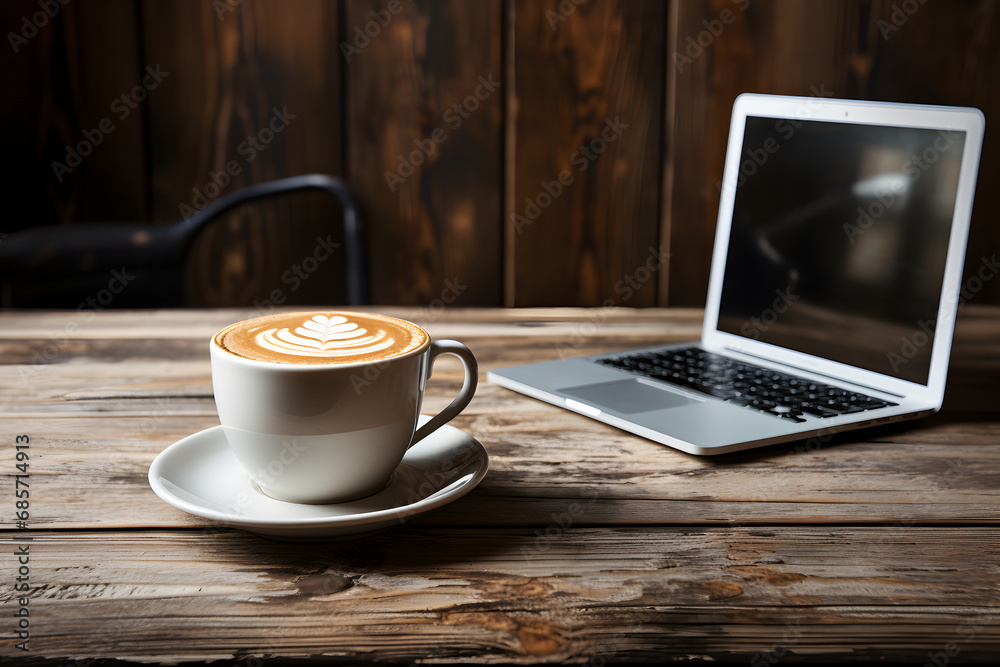 Coffee and Laptop on White Wooden Background . Coffee and Laptop on White Wooden Background .