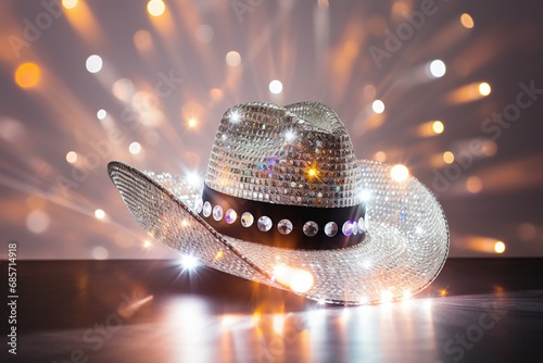 Professional photography of a discoball wearing a cowboy hat, white background, sparkling light photo