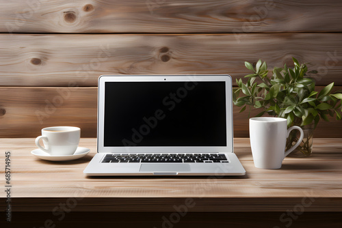 Coffee and Laptop on White Wooden Background .