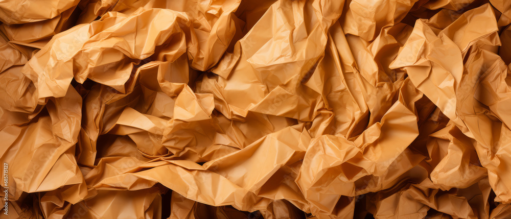 Texture of crumpled craft paper. Horizontal crumpled empty paper template for posters and banners.