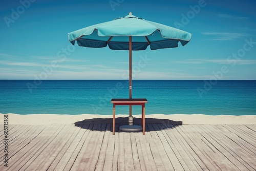 Wooden Table with Umbrella and Beach View as Background - Perfect for Summer Vacation