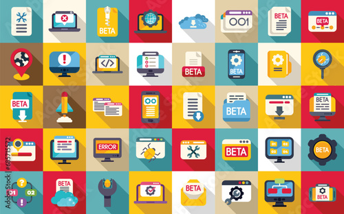 Beta version icons set flat vector. Build code bug. Coding app tester