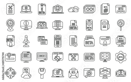 Beta version icons set outline vector. Build code bug. Coding app tester photo