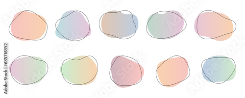 Abstract shapes in pastel gradient colours with uneven edges and black line boarders. Liquid blob elements. Creative asymmetrical frame templates. Editable stroke. Vector illustrations set.