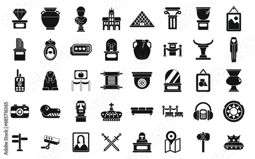 Louvre icons set simple vector. Picture adult ancient. Museum tourism