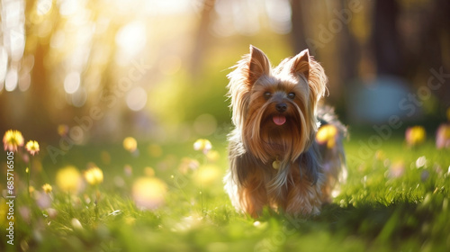 yorkshire terrier puppy dog on blurred abstract bokeh flare grass background © BeautyStock