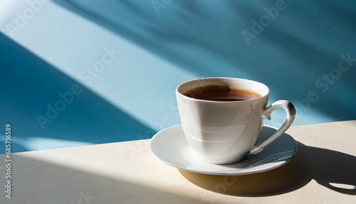 a white cup and saucer of coffee or tea sit on a beige table against a pastel blue backdrop with a diagonal shadow adding visual interest