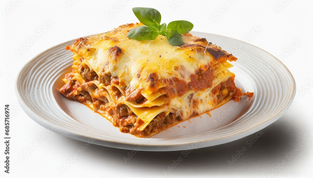 lasagna on white plate on isolated background png generative ai