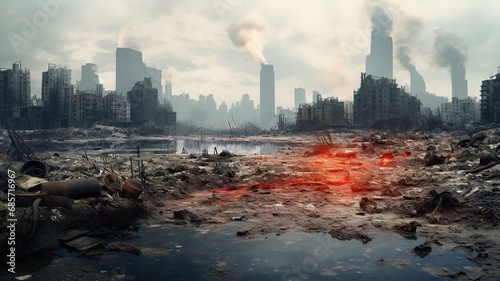 horizontal futuristic illustration of a destroyed city in a post nuclear war AI generated photo