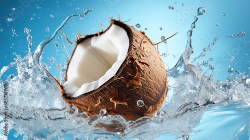 close up detailed view of half coconut splashing on the water with a light blue background AI generated