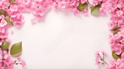 Pink frame banner with pink flowers and green leaves. Spring elements with copyright space © GenerAte Ideas