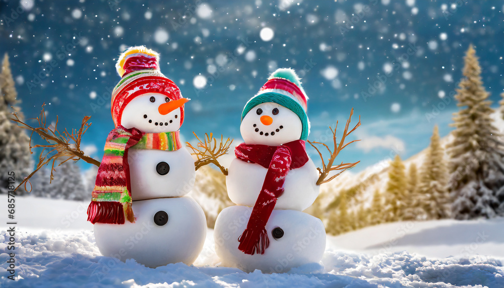 merry christmas and happy new year greeting card with copy space snow background two cheerful friends snowmen standing in winter landscape