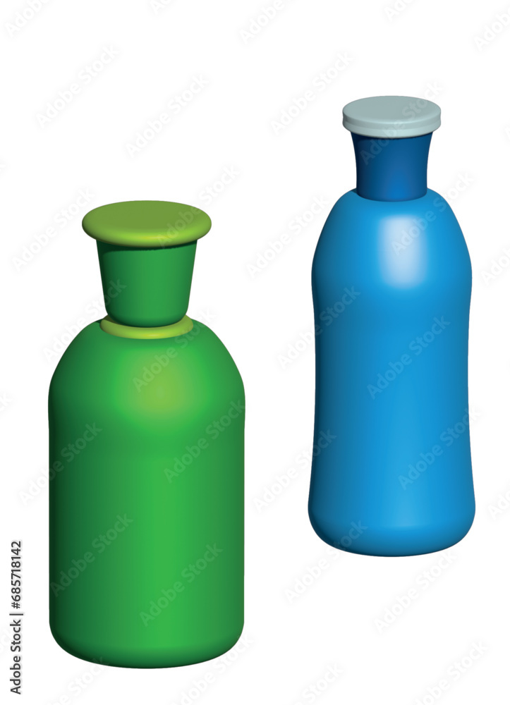 Vector plastic bottles in 3D drawing. Illustration of two bottles in the colors of ecology, blue and green, glossy and unwritten. Vector plastic bottles in 3D drawing. Illustration of two bottles in the colors of ecology, blue and green, glossy and unwritten.