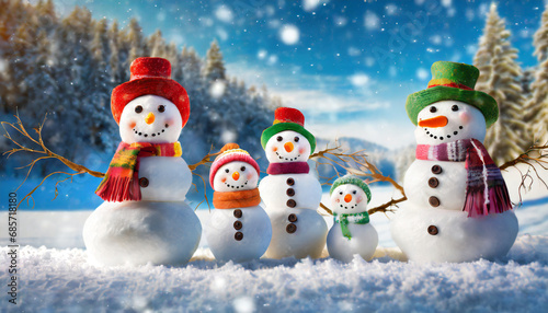 five funny cheerful snowmen standing in winter christmas landscape merry christmas and happy new year greeting card with copy space winter background © Ashley