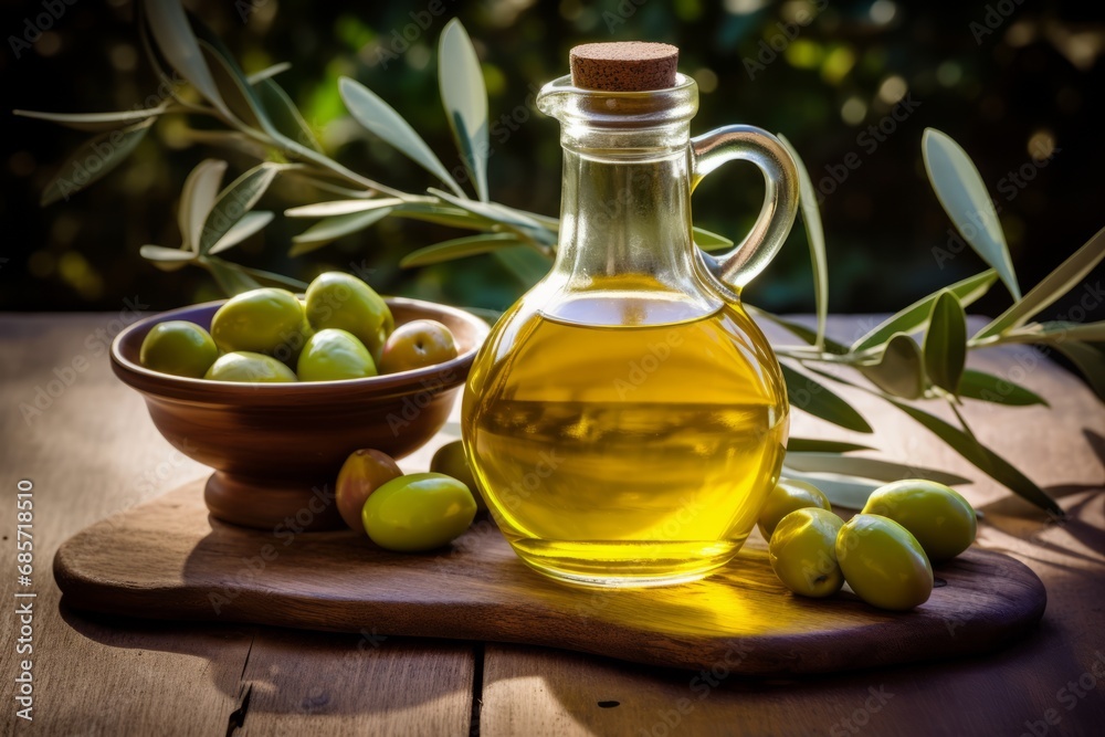 Freshly Harvested Olives and Golden Olive Oil in a Rustic Garden Setting Freshly Harvested Olives and Golden Olive Oil in a Rustic Garden Setting