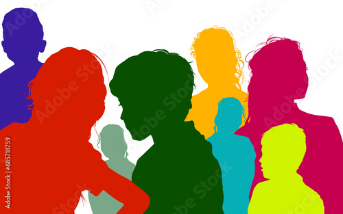 silhouette of a group of colorful children, boys and girls