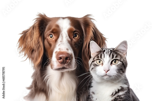 Close up portrait of a dog and a cat together looking at cam on a cut out PNG transparent background
