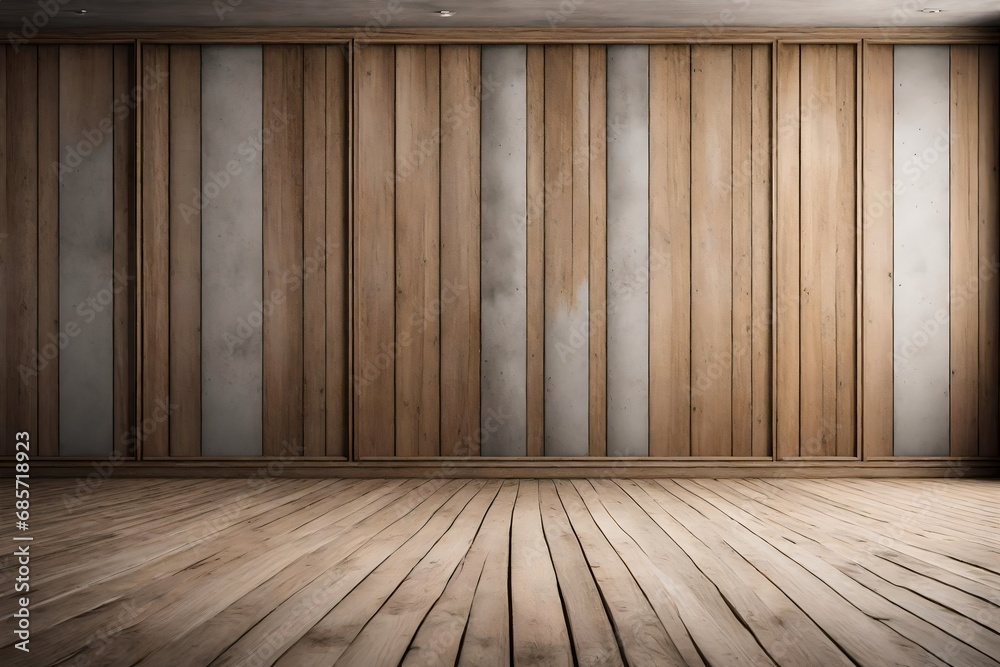 Background of an empty room with a concrete wall and wooden paneling