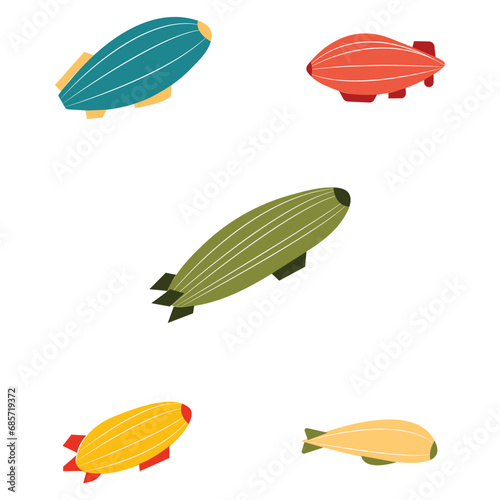 Hand drawn passenger airships set. Bright colored cigar shaped balloons retro zeppelin with stripes cabins for people elongated huge balloons with helium for free travel tourism