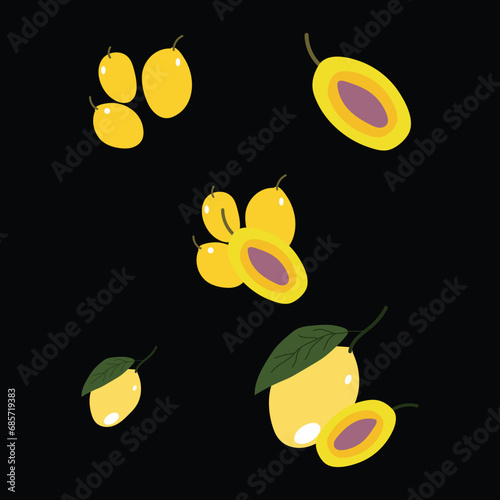 Marian Plum whole fruit and half. Bouea macrophylla, gandaria, maprang or plum mango icon. Vector illustration of tropical exotic fruits in flat style. photo