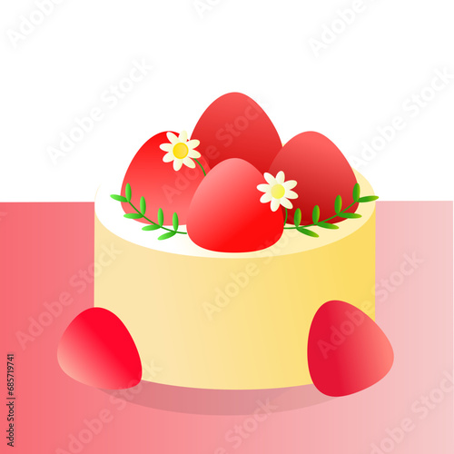 Vector illustration of cake in sweet icon style. Decorated with strawberries.