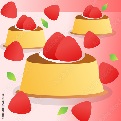 Vector illustration of cake in sweet icon style. Decorated with strawberries.