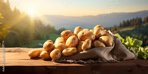 Rustic sack overflowing with potatoes on a wooden table against a hilly, sun-kissed landscape