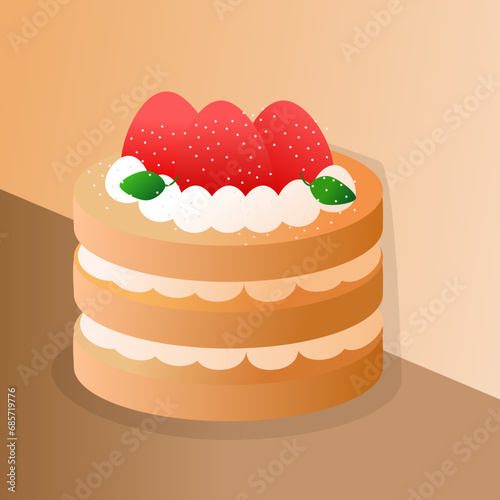 Vector illustration of cake in sweet icon style. Decorated with strawberries.