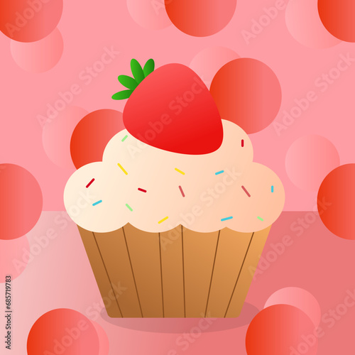 Vector illustration of cake in sweet icon style. Decorated with strawberries.