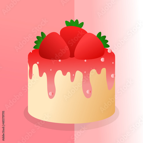 Vector illustration of cake in sweet icon style. Decorated with strawberries.