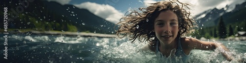 Girl swimming in water in the mountain lake.